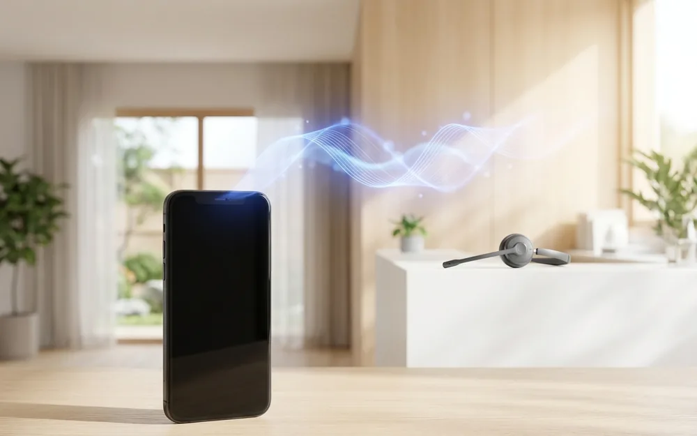 AI電話受付のイメージ。事務所のデスクに置かれたスマートフォンから音声の波形が広がり、奥に受付カウンターとヘッドセットが見える