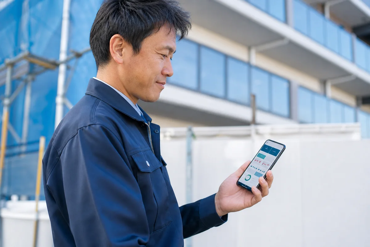 現場でスマートフォンから業務情報を確認する担当者
