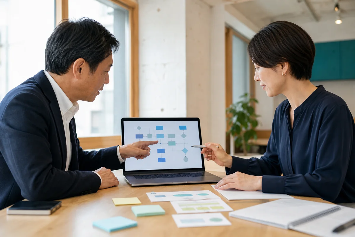 会社の業務の流れを打ち合わせる担当者