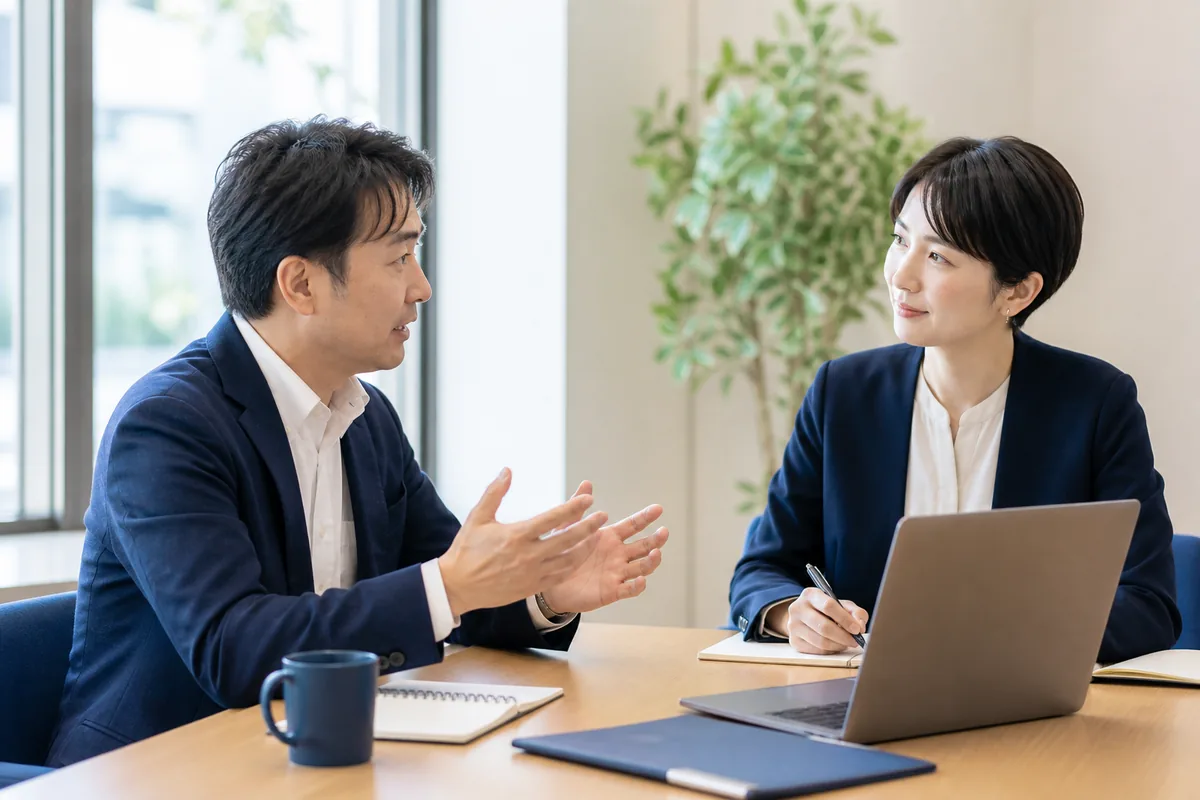 事務所のテーブルで担当者がお客様の困りごとを聞き取っている様子