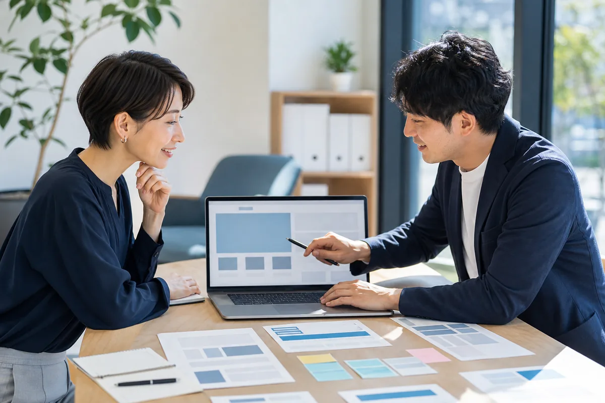 打ち合わせをしながら新しいホームページの構成を組み立てている様子