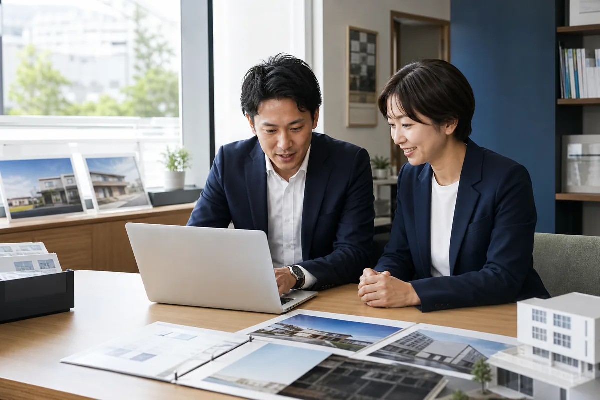 青森市の不動産会社の事務所で、パソコンの画面に物件情報を掲載している様子