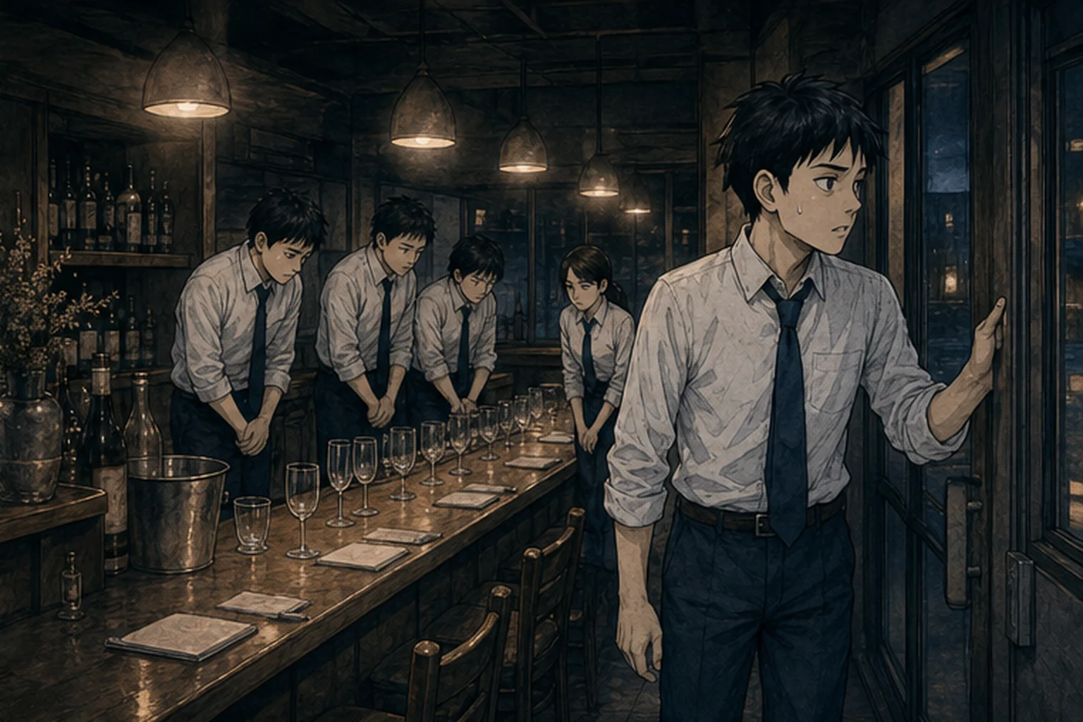 深夜の店内で役員の来訪を待つ社員たちのイラスト