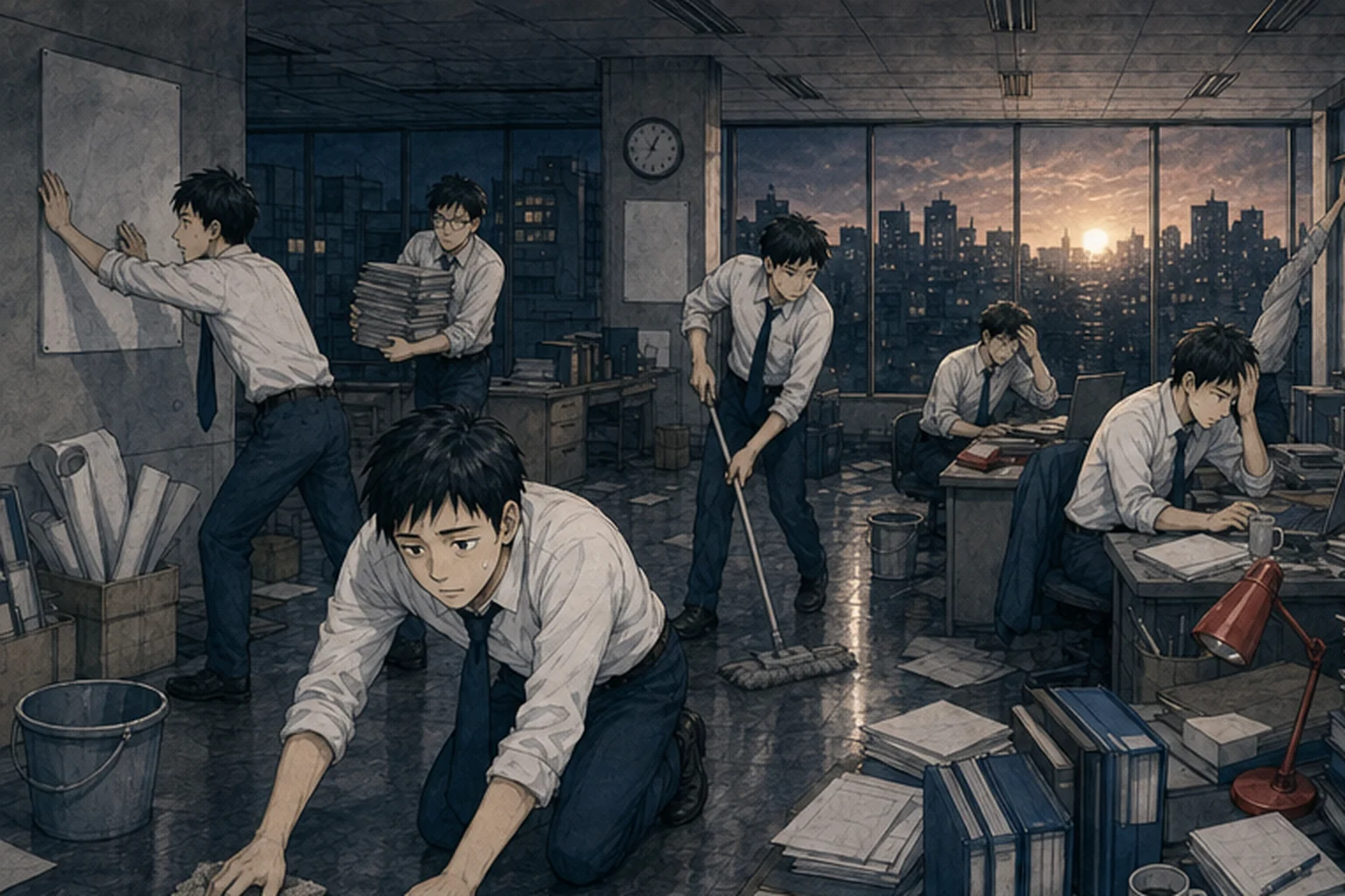夜明けまで掃除と仕事を続ける社員たちのイラスト