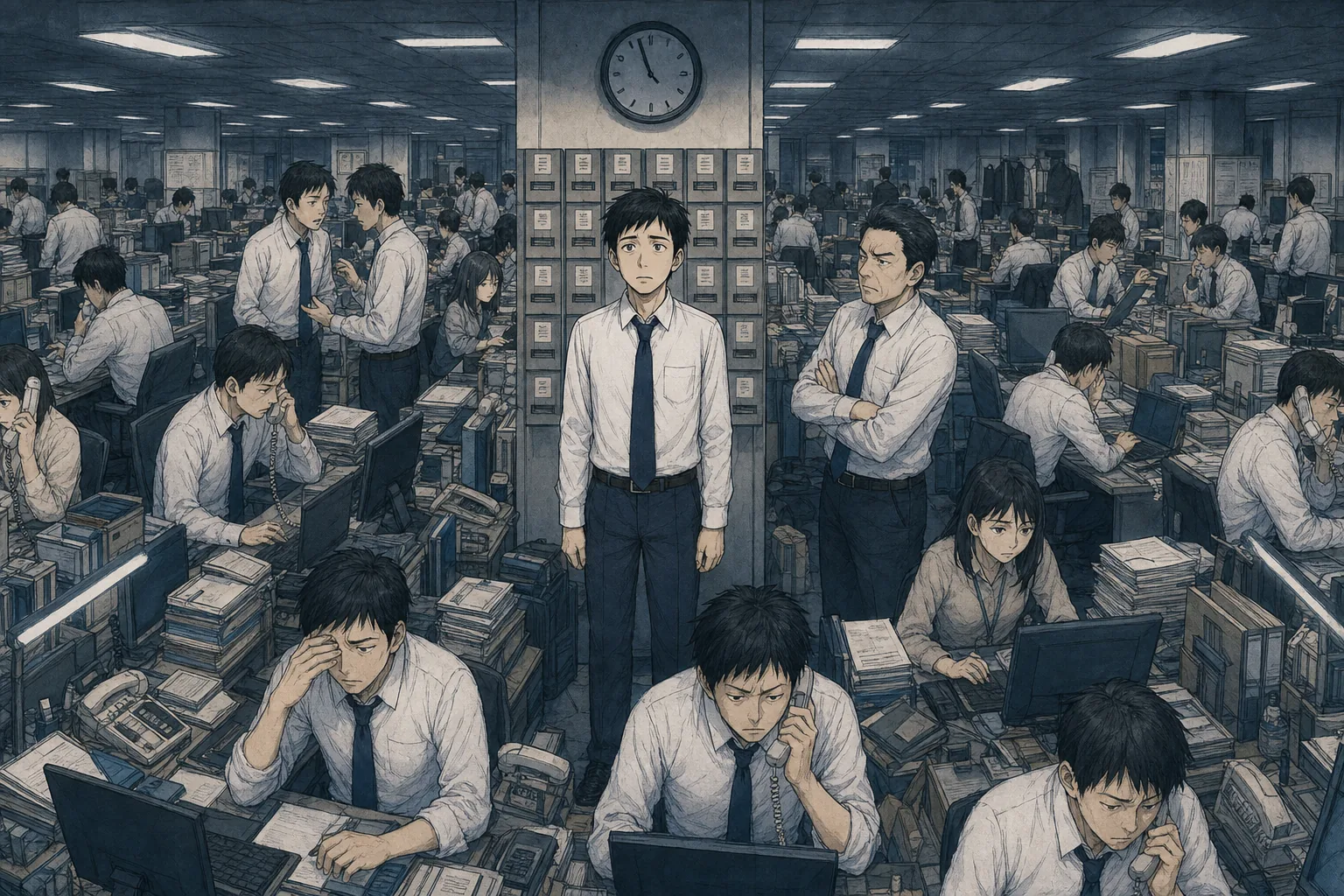 深夜の混雑した不動産会社で時計に追われて働く若い社員のイラスト