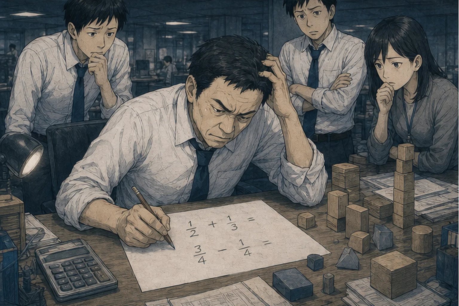 机で分数の計算に真剣に向き合う上司のイラスト