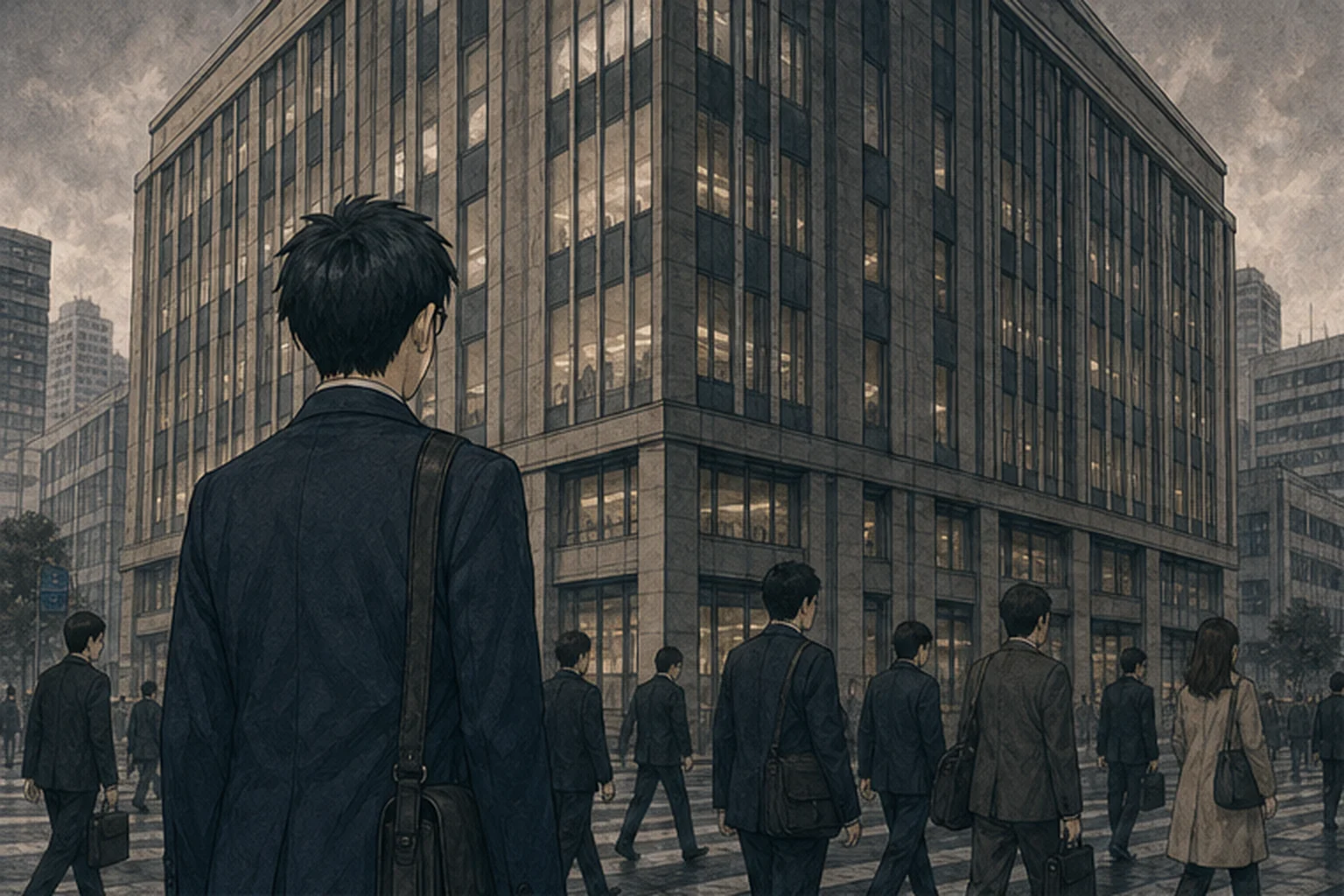 2005年の朝に新人社員が重苦しい会社へ向かうイラスト