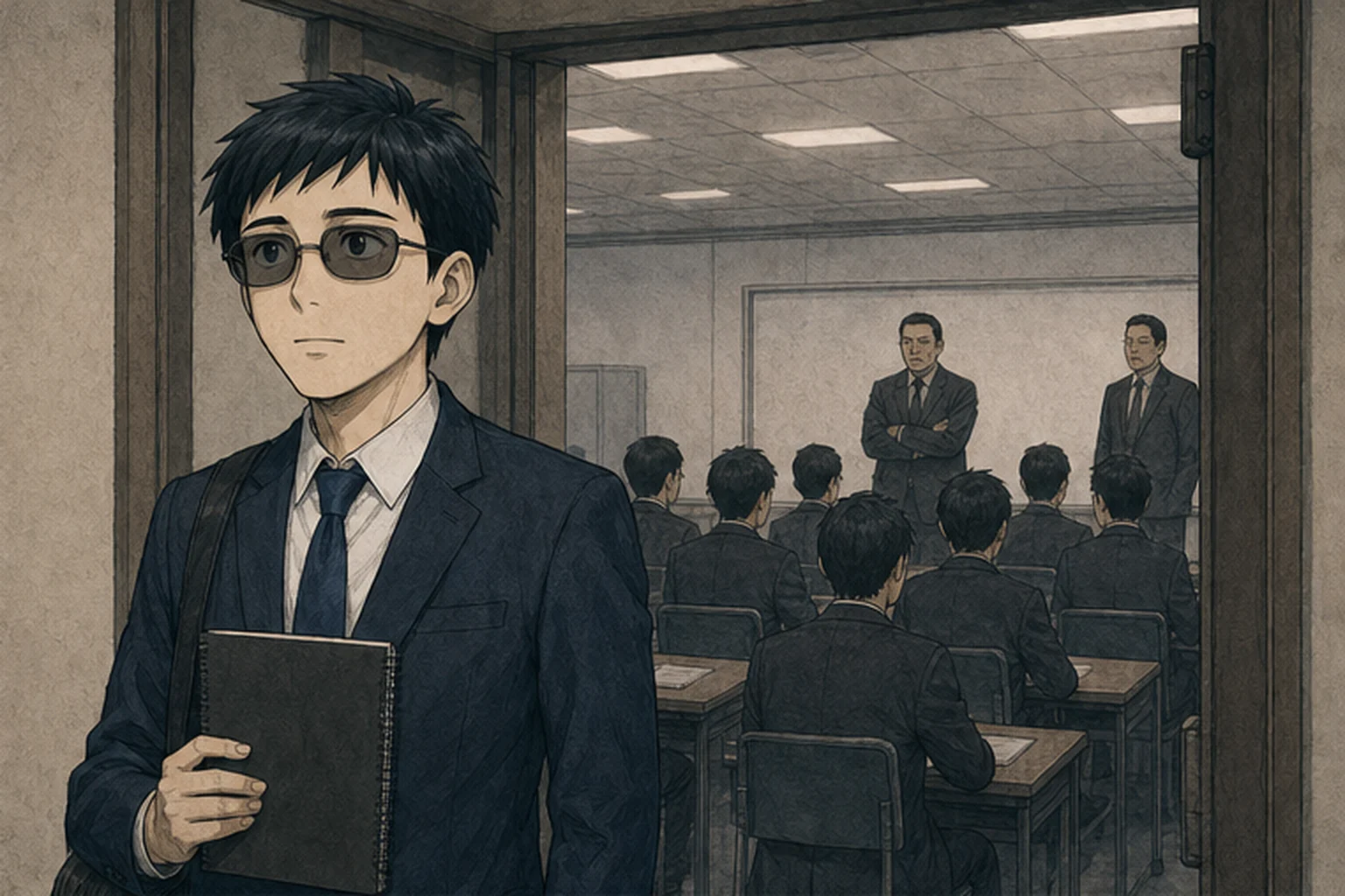色の濃い眼鏡をかけた22歳の新人が研修室へ入るイラスト