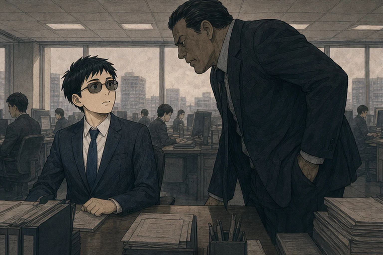 昼の職場で威圧的な上司と向き合う新人社員のイラスト