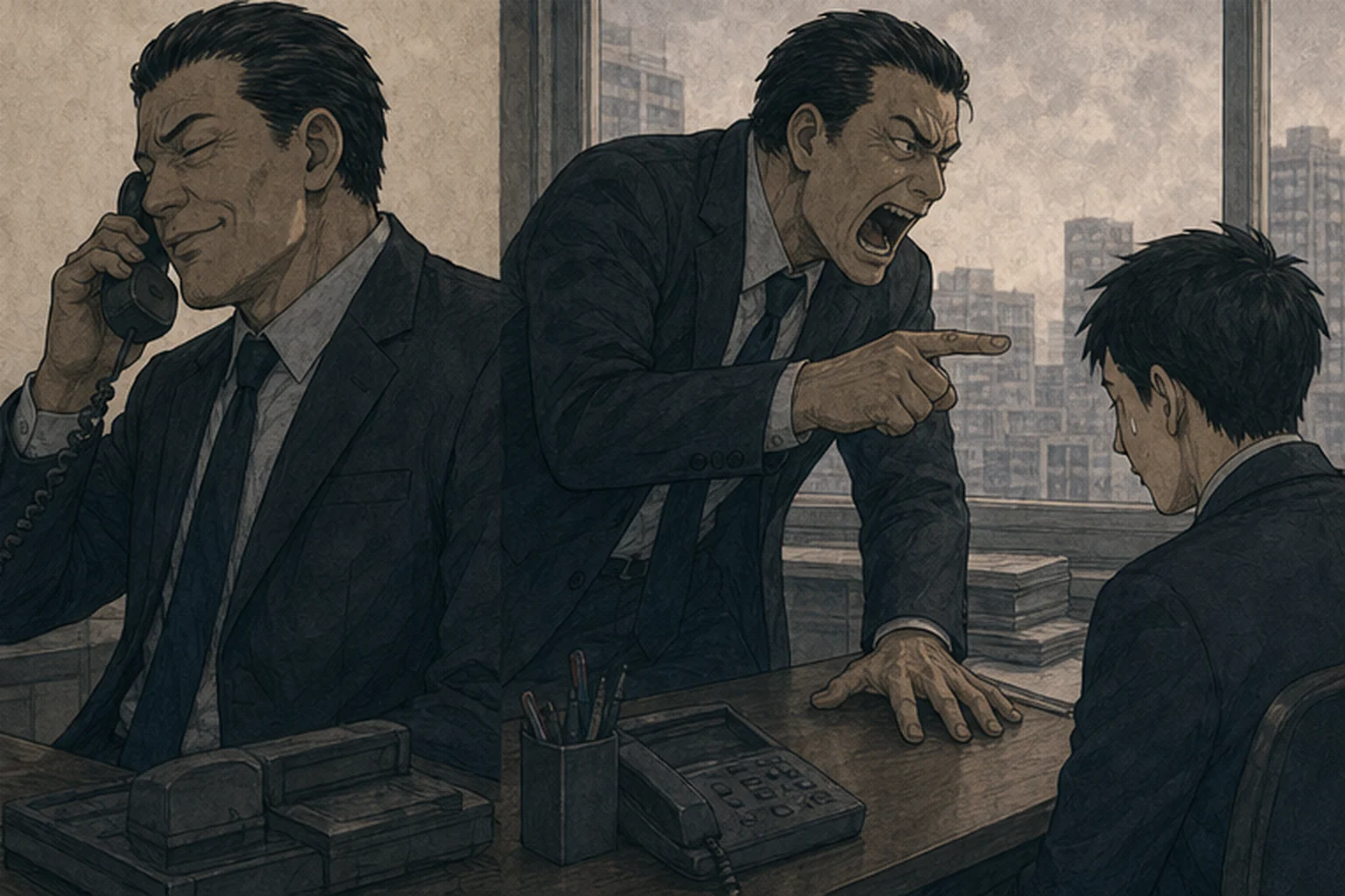顧客電話を終えた直後に部下へ厳しく向き直る上司のイラスト