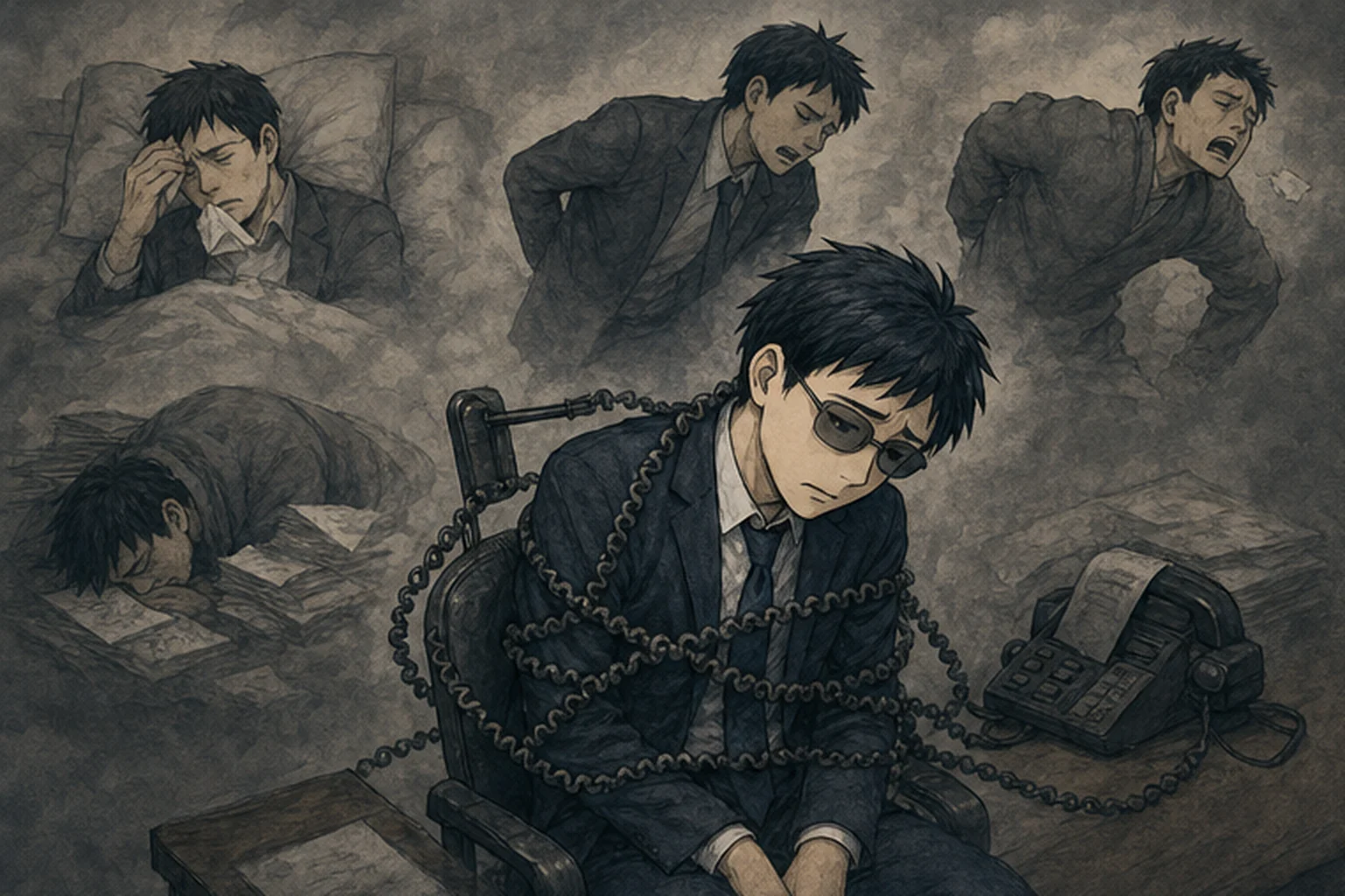 電話線と椅子に縛られるように働く社員たちを描いた比喩的なイラスト