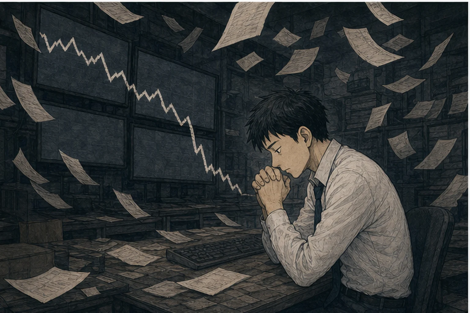 金融危機の下落画面を前に希望退職を思う社員のイラスト
