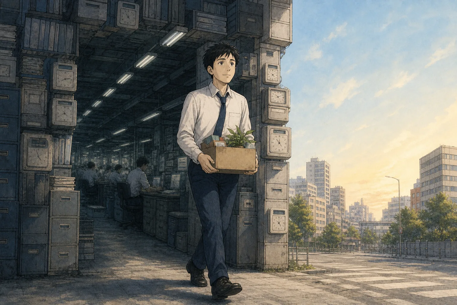 書類に囲まれた職場から外へ歩き出す若い社員のイラスト