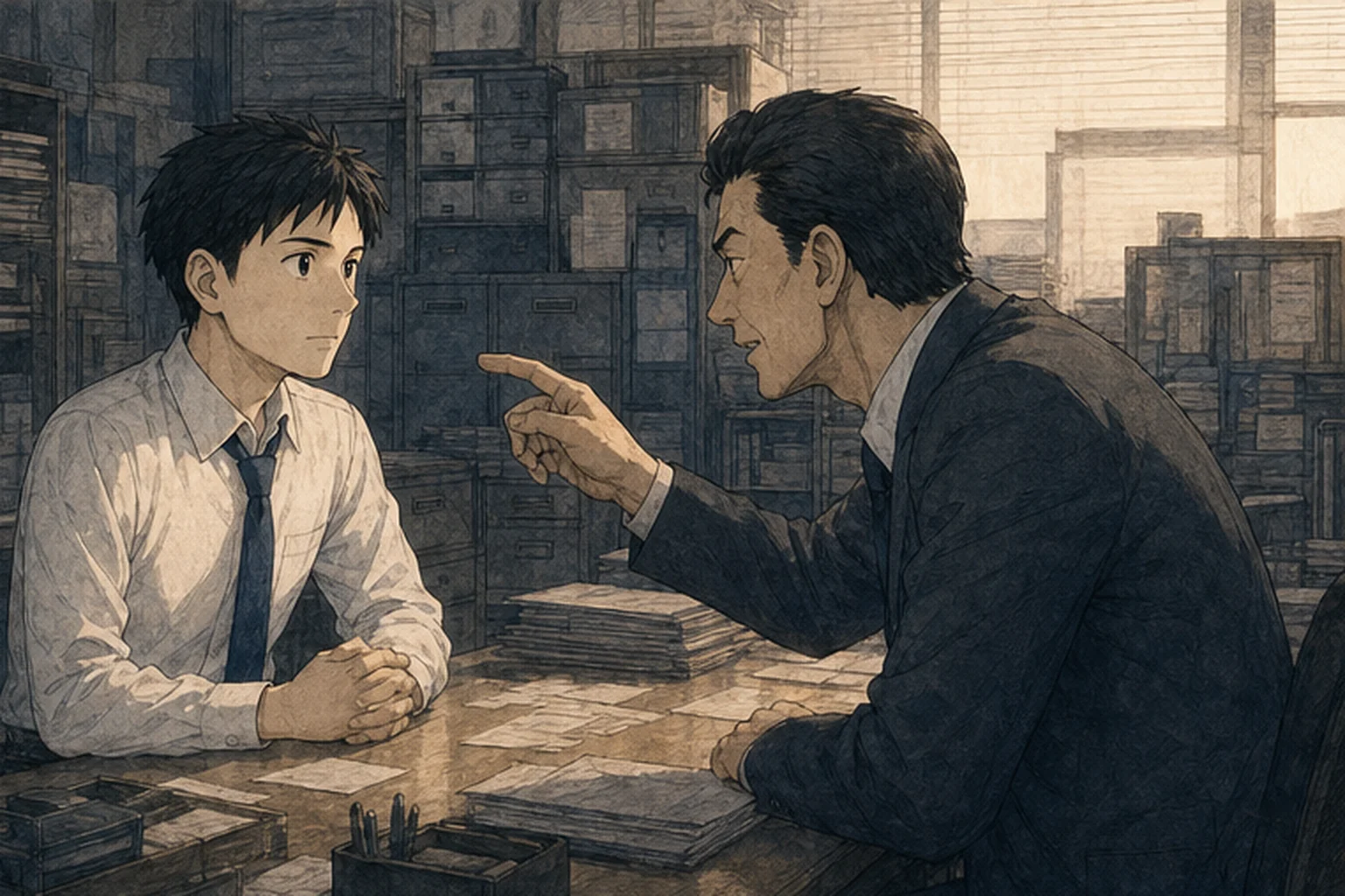 曖昧な同調圧力に応じず上司と向き合う社員のイラスト