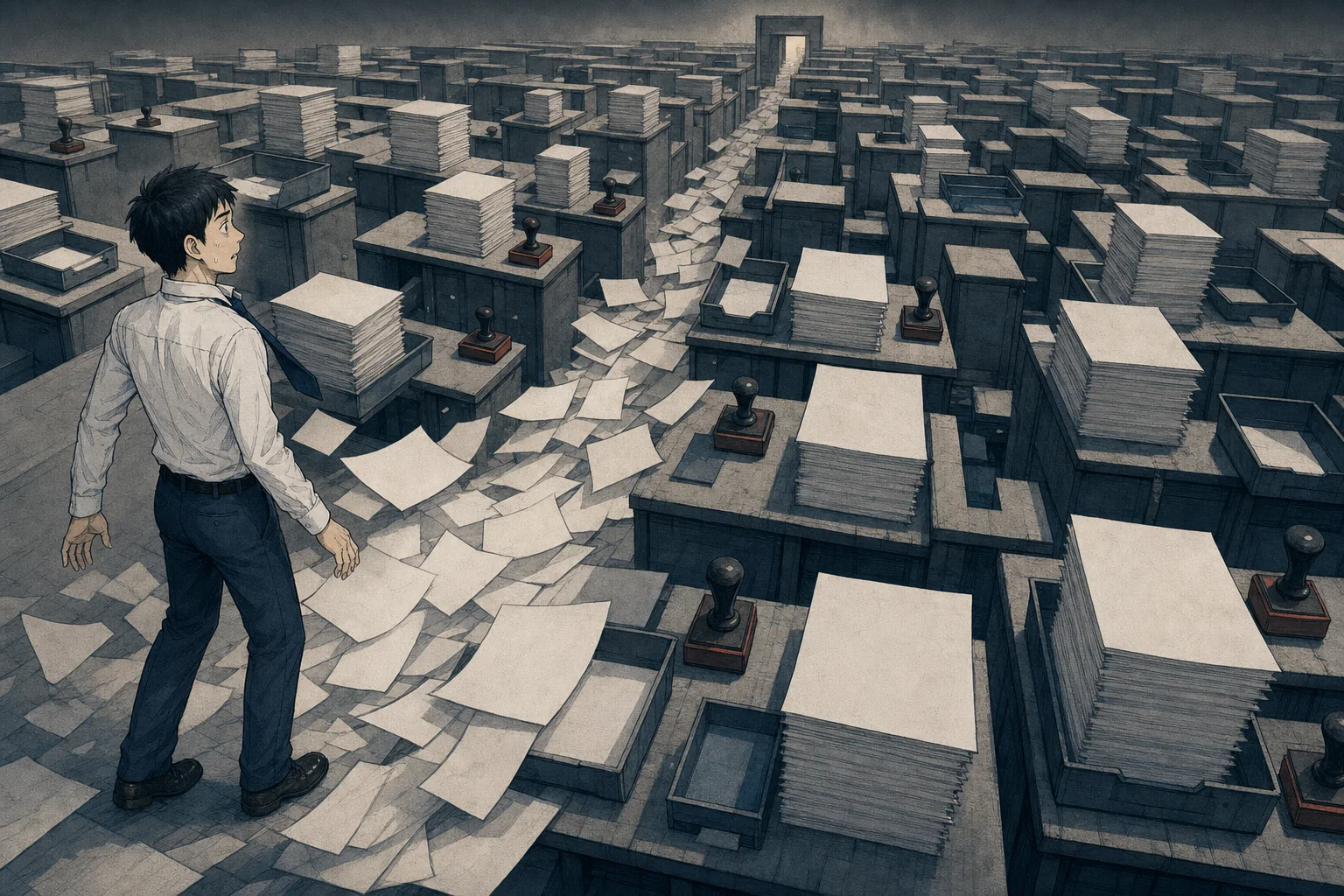 イラスト：承認書類と机でできた迷路の入口へ押し戻される若い営業社員