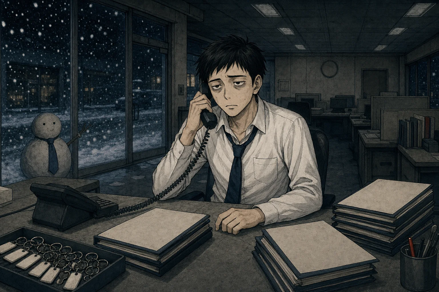 イラスト：雪の深夜、電話と契約書に囲まれて働き続ける若い営業社員