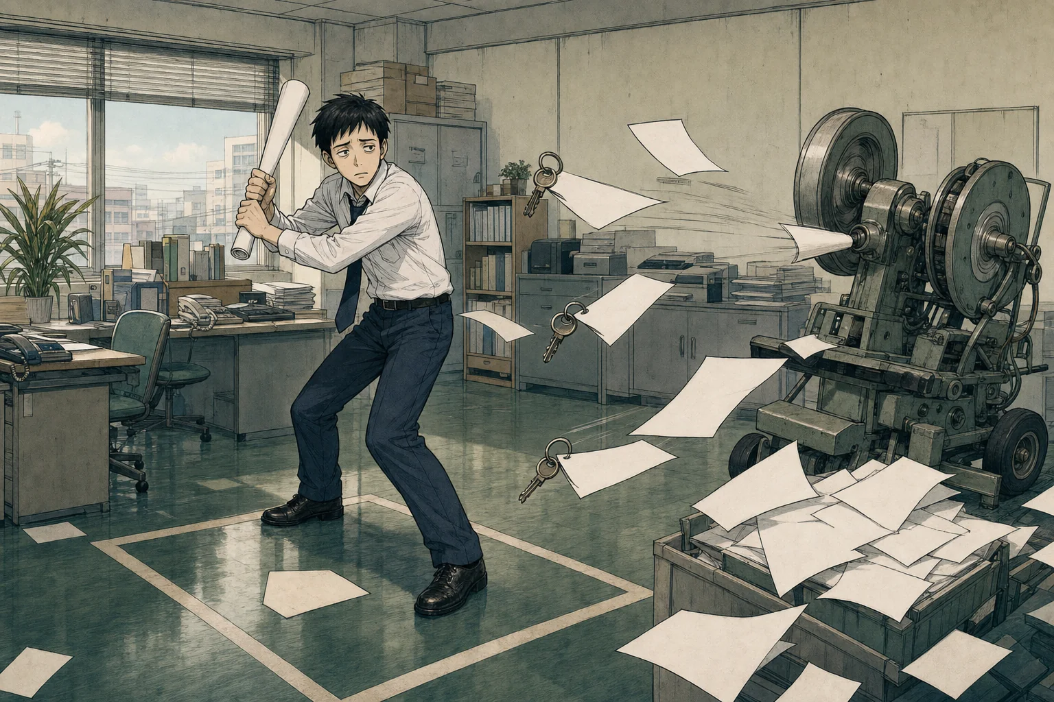 イラスト：不動産店舗の打席で契約書や鍵束に向き合う若い営業社員