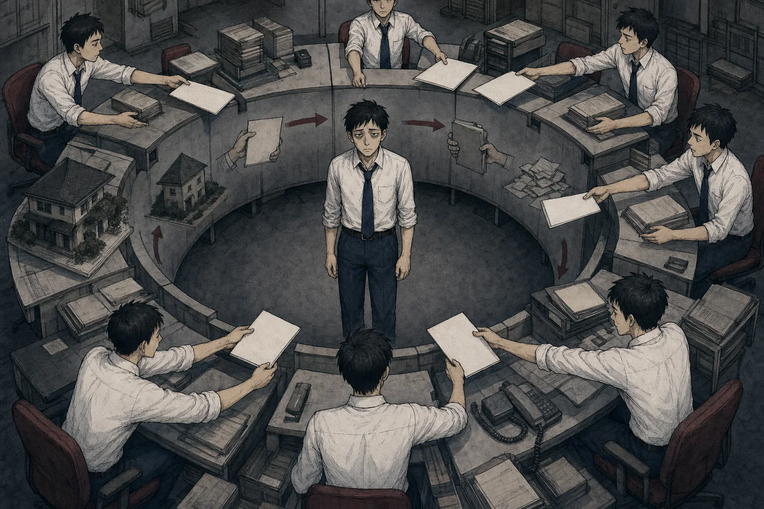 イラスト：契約書をリレーして穴を埋め続ける終わらない業務の循環