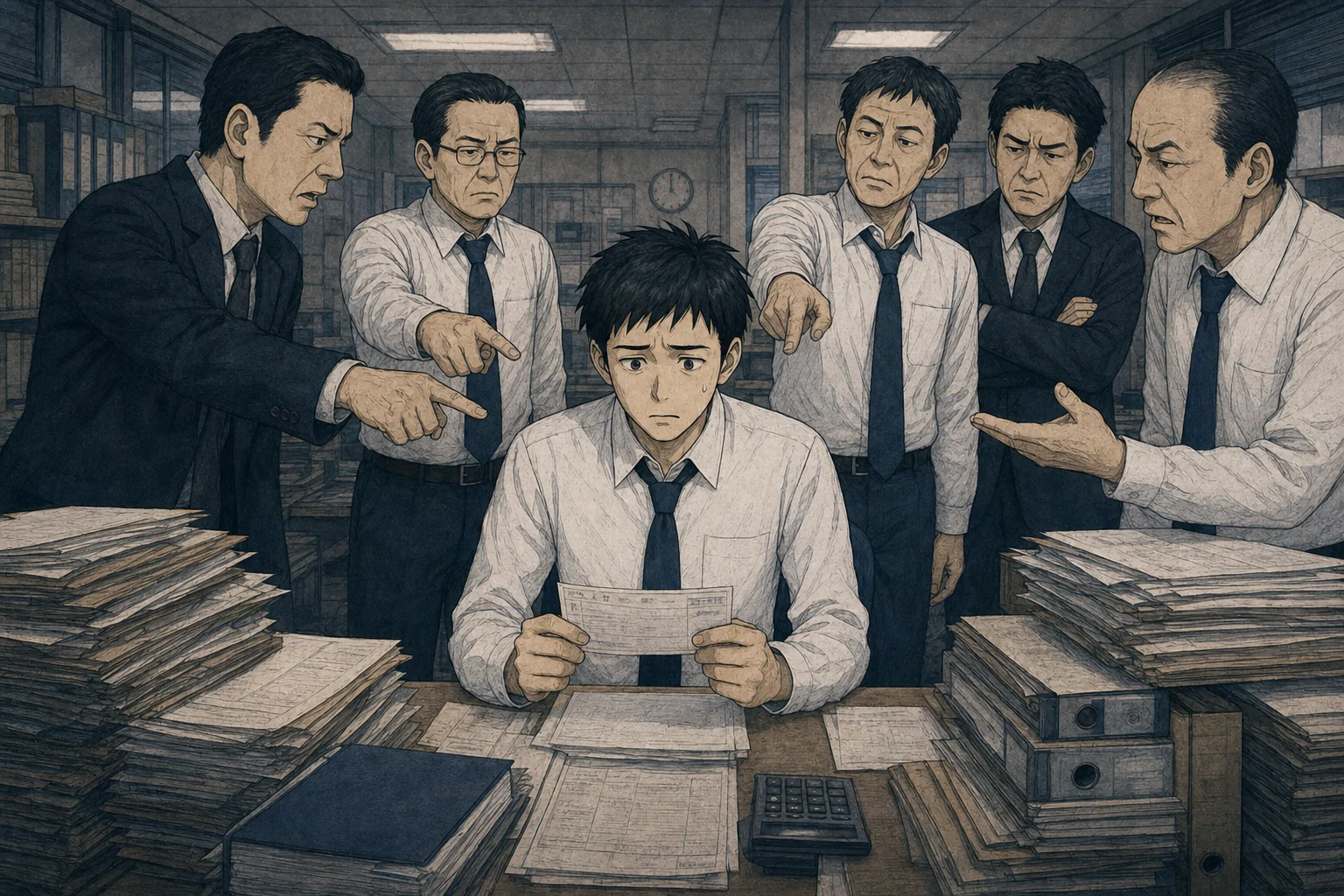 保険料を処理した若い社員へ周囲が責任を向ける職場のイラスト