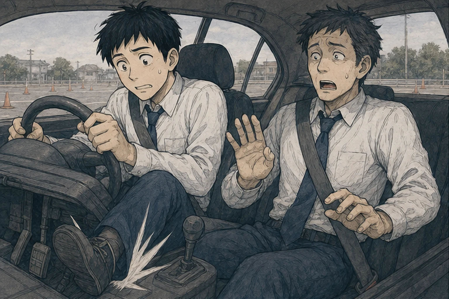 安全な練習場で車のペダルを取り違えかける社員のイラスト